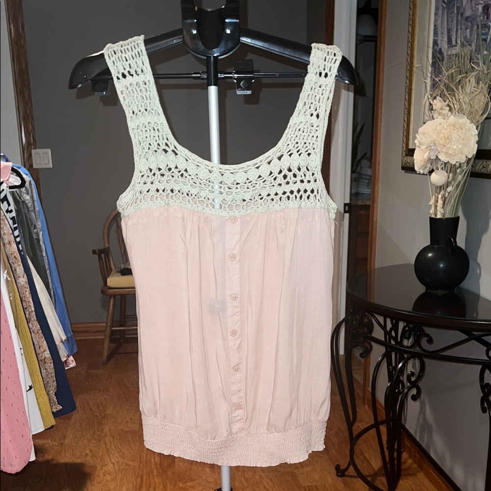 Elegant Crochet Trim Tank Top - Cream and beige.